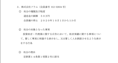 フラムに対する行政処分